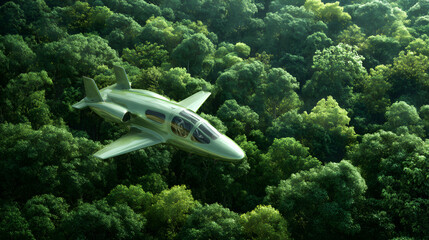 Sleek Green Jet Aircraft Flying Over Dense Green Forest Canopy airplane isolated on a transparent background