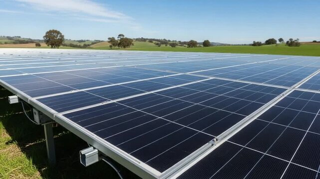 Rows Of Solar Panels Gleaming Under A Bright Blue Sky On A Sunny Day In A Vast Green Field With Rolling Hills In The Distance