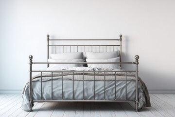 A polished metal bed frame with light blue and grey bedding is staged in a minimalist room.