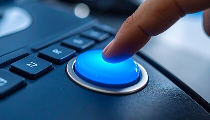 Finger pressing blue button on phone