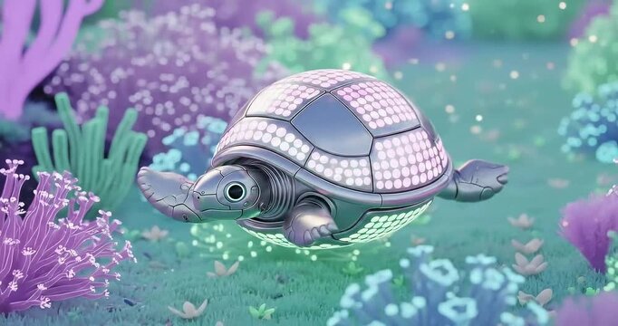 A futuristic pink turtle exploring a vibrant underwater garden with colorful corals and plants