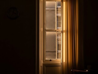 Sunlight streaming through a closed window with blinds
