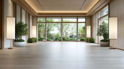 Fototapeta premium Spacious minimalist zen lobby with wood floor and garden view