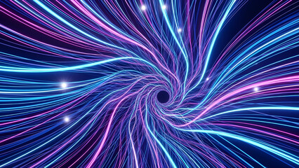 Abstract tunnel of glowing neon light trails in shades of blue and pink, creating a vortex effect leading to a dark center, representing speed, technology, and hyperspace travel