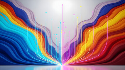 Abstract colorful flowing waves of data streams and light lines converging towards the center, representing digital technology, connectivity, and vibrant information flow on a light background