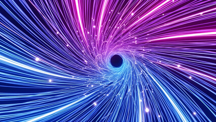 Abstract swirling vortex tunnel of neon light streaks in vibrant blue and magenta colors, representing hyperspace travel or digital data flow in a futuristic dark environment