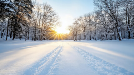 Snowy sunrise forest clearing with tire tracks leading into light