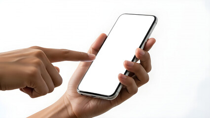 Hand holding modern smartphone with blank white screen, finger touching display, isolated on white background