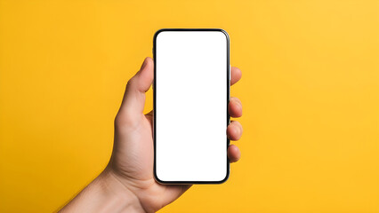 Hand holding modern smartphone with blank white screen mockup against vibrant yellow background for advertising or presentation