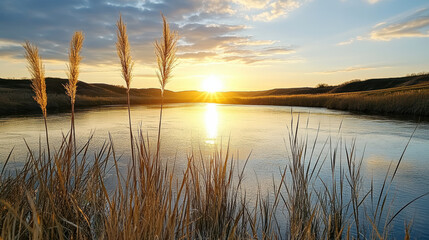 Golden sunrise over river marsh with tall grass forefront, serene reflective water glow