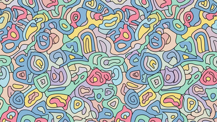 A vibrant and abstract pattern featuring a playful arrangement of organic shapes in pastel colors.