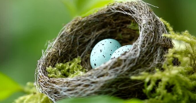Blue eggs nestled in a natural mossy bird's nest