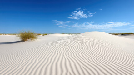 White sand dune ripple grass coastal desert under blue sky with clouds