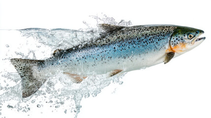 Living Atlantic Salmon Leaping Out of Water Mid Jump with Vibrant Silvery Body on Pure White Background