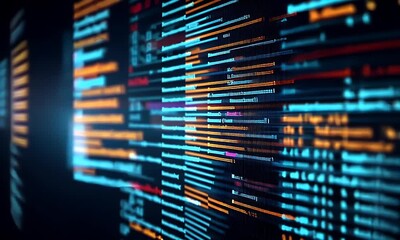 Abstract digital data stream with glowing lines of code in blue and orange hues on a dark background representing technology and information flow - Powered by Adobe