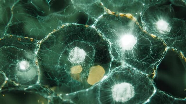Microscopic View Of Cellular Structures With Intricate Intercellular Connections Illuminated By Soft Light