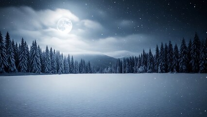 Fototapeta premium Winter Night Snow Landscape Full Moon Over Frozen Lake and Pine Forest.