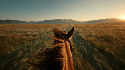 POV Shot from Galloping Horse Riding Into Breaking Dawn Across Vast Asian Steppe