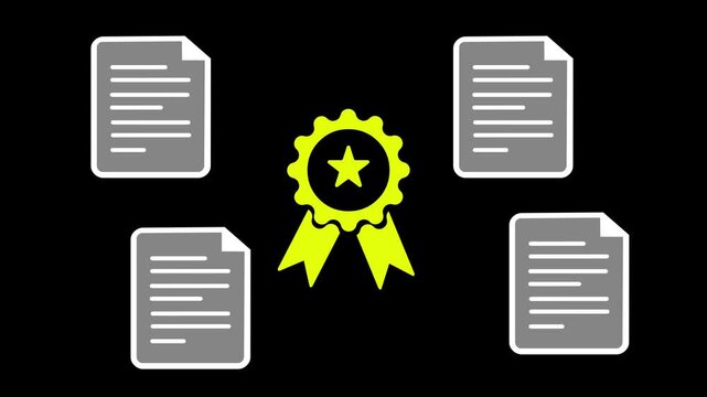 Animated document icons featuring a badge with a yellow ribbon and a star