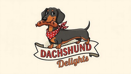 Cute Dachshund Dog Holding Sausage with "Dachshund Delights" Logo.