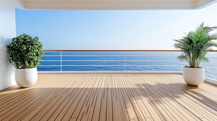 Fototapeta premium Spacious wooden deck balcony overlooking calm blue ocean horizon with potted plants and sunlight