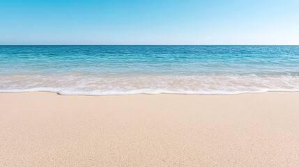 Wide sandy beach calm waves bright blue sea creating peaceful summer escape