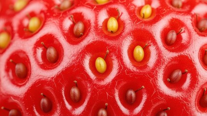 Extreme macro closeup of ripe strawberry surface, vivid red skin covered with glossy dimples and golden seeds, detailed texture highlighting freshness, juiciness and natural fruity sweetness

