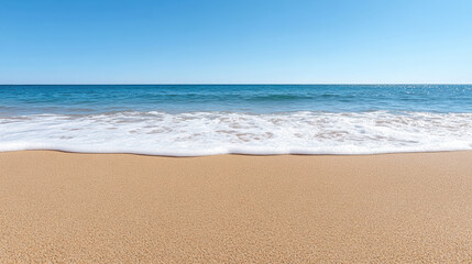 Fototapeta premium Wide sandy beach calm wave horizon blue sky peaceful seascape