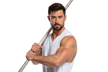 Muscular man wearing a white sleeveless shirt, holding a metal bar, ready to throw javelin, isolated on transparent background
