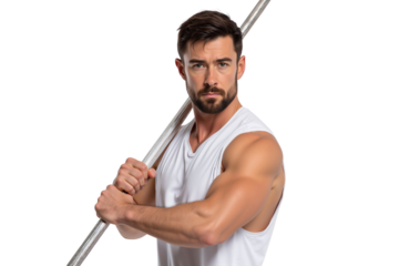Muscular man wearing a white sleeveless shirt, holding a metal bar, ready to throw javelin, isolated on transparent background