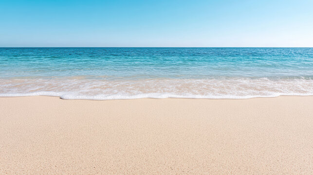 Wide sandy beach calm waves bright blue sea creating peaceful summer escape - Powered by Adobe