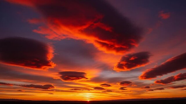 Dramatic Sunset Sky With Fiery Orange Clouds Over Dark Horizon At Dusk