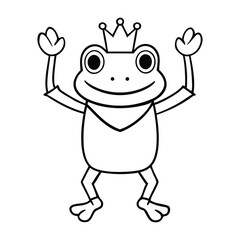 A cheerful frog prince wearing a tiny crown raises his arms in a joyful pose. Bold, simple outlines and cute details create a fun, magical coloring page perfect for kids and creativity.
