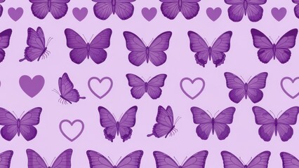 Beautiful purple butterflies and hearts pattern on pink background