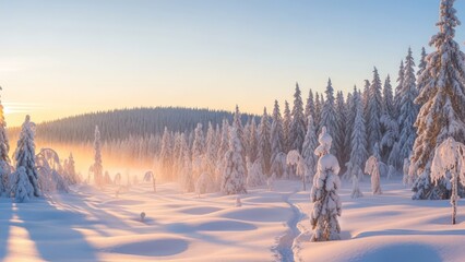 Breathtaking winter wonderland landscape with snow covered pine trees illuminated by soft golden sunrise light in arctic forest