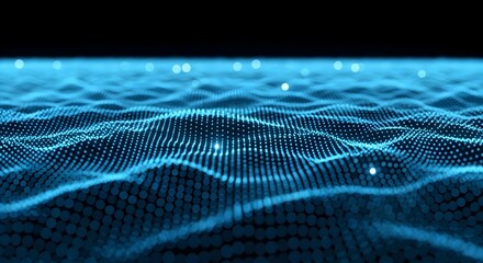 Abstract blue digital wave surface with glowing particles on a dark background, representing data or technology.