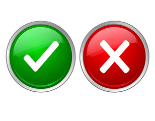 Glossy Emerald Green 3D Check Mark and Ruby Red 3D Cross, Highly Reflective Material, isolated