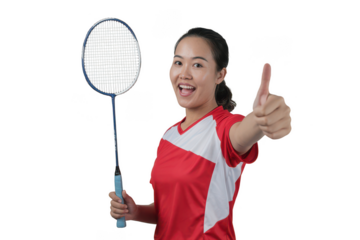 Young woman holding badminton racket giving thumbs up isolated on transparent background