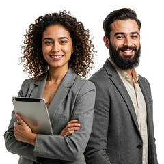 Confident professional business partners a woman holding a tablet and a man with a beard smiling isolated on transparent background