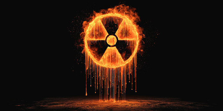 Glowing nuclear warning symbol burning in darkness with dramatic fiery light
