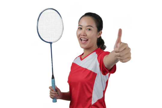 Young woman holding badminton racket giving thumbs up isolated on transparent background - Powered by Adobe