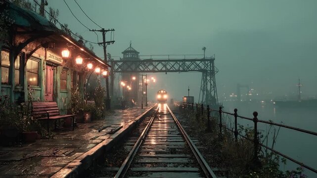 Abandoned train station at night with fog and rain