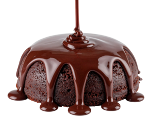 Chocolate Sauce Pouring Over a Small Round Cake, Motion Freeze, isolated