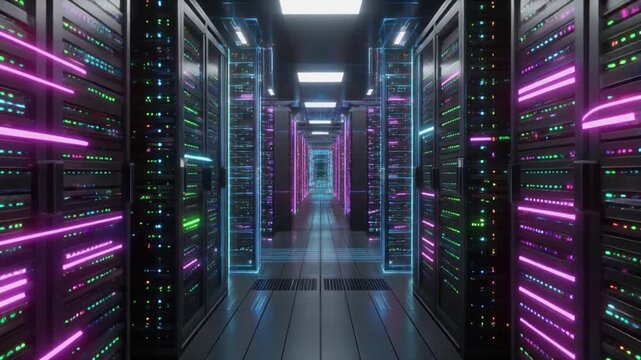 A long, dark server room with rows of computer servers and colorful, neon-lit cables, creating a futuristic and high-tech atmosphere with purple and blue hues.