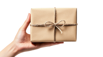A hand holding a wrapped gift box with a bow against a white background.
