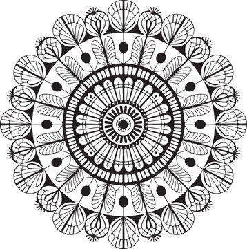 Abstract floral vector art illustration featuring a round lace ornamental mandala design with a vintage ethnic black texture pattern