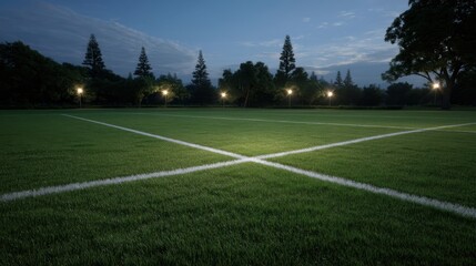 Nighttime Rugby Field with Illuminated Grass and Coaching Board for Training Sessions
