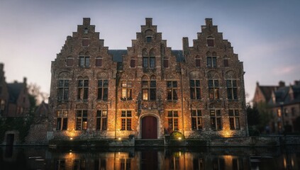 Obraz premium Ornate building reflected in water at dusk