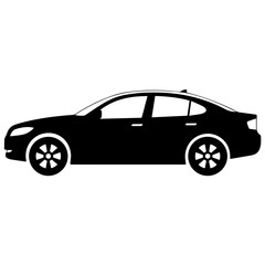 Black sedan car icon silhouette, side view, modern transport vehicle isolated on white background
