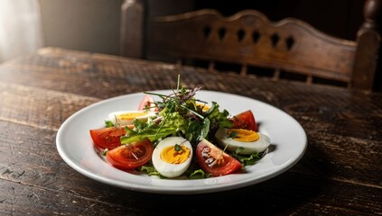 Salad with halved eggs and tomatoes on rustic wood table